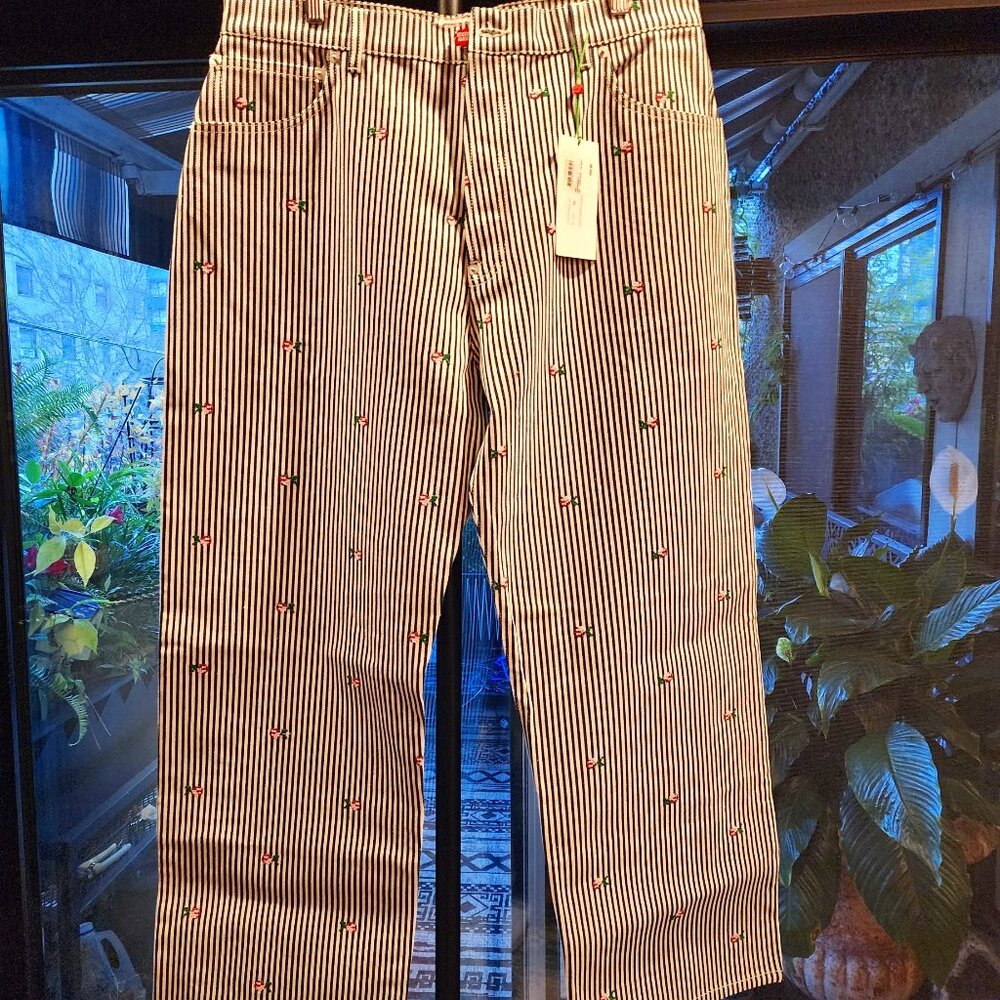 Kenzo Black & White Stripe Jeans w/ Flower Detail NWT